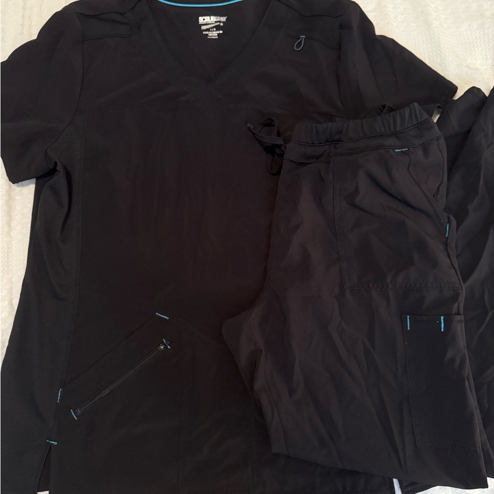 Scrubstar Black Scrub Top with Blue Trim and bottoms